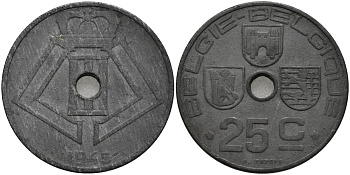 Бельгия 25 сантимов 1945 BELGIE-BELGIQUE KM 132 цинк 4171-655