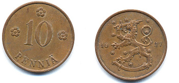 Финляндия 10 пенни 1937 KM 24 медь 51-5631