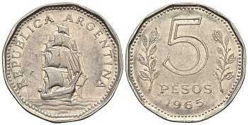 Аргентина 5 песо 1965 фрегат "Президент Сармьенто" KM 59, Schon 59, CJ 293 сталь плакированная никелем    60-934