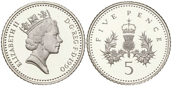 Великобритания 5 пенсов 1990 Елизавета II (1952-2022) KM 937c, Spink D4 серебро PROOF 1066-4-16