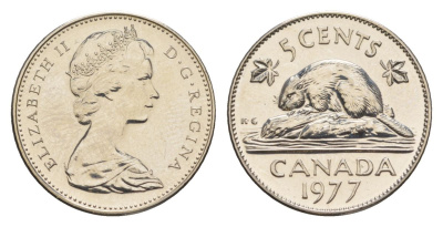 Канада 5 центов 1977 Елизавета II (1952-2022), бобр KM 60.1 никель PROOF-LIKE (BU) 4630-947