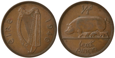 Ирландия 1/2 пенни 1940 свинья с поросятами KM 10 бронза 1525-915