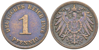 ГЕРМАНИЯ 1 ПФЕННИГ 1906 A KM 10, Jager. 10, Weege 2 медь 4528-1235