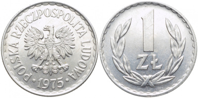 ПОЛЬША 1 ЗЛОТЫЙ 1975 MW KM 49.1 алюминий UNC 110-1016