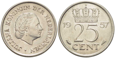 Нидерланды 25 центов 1957 Юлиана (1949-1980) KM 183 никель 214-924