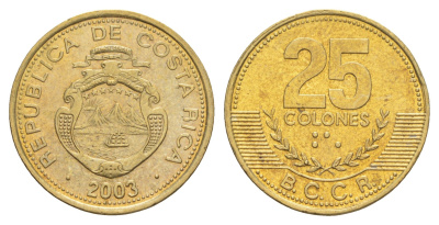 Коста-Рика 25 колонов 2003 KM 229a алюминиевая бронза UNC 4642-923