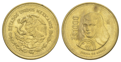 Мексика 1000 песо 1989 Мо, Хуана де Асбахе KM 536 алюминиевая бронза 4634-341