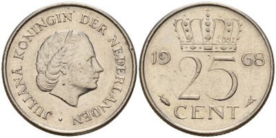 Нидерланды 25 центов 1968 Юлиана (1949-1980) KM 183 никель    4598-427