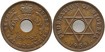Нигерия 1 пенни 1959 Елизавета II (1952-), Британский протекторат KM 2 бронза 51-2151