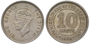 Британская Малайя 10 центов 1950 Георг VI (1937-1952) KM 8 медно-никель 4164-341
