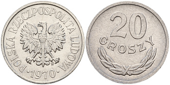 Польша 20 грошей 1970 MW KM А47 алюминий  UNC  4598-142