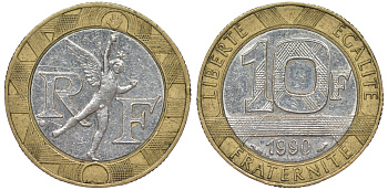 Франция 10 франков 1991 тип Гений Бастилии KM 964.1, Le Frank 375.6 биметалл 45-822