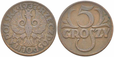 ПОЛЬША 5 ГРОШЕЙ 1937 w KM 10а бронза 72-523