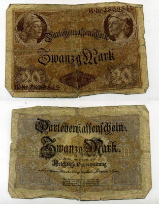 ГЕРМАНИЯ 20 МАРОК 1914 7 значный номер Pick 48 b бумага 6283-49-3