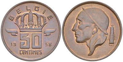 БЕЛЬГИЯ 50 САНТИМОВ 1958 BELGIE KM 149.1 бронза 3996-1243