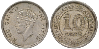 Британская Малайя 10 центов 1950 Георг VI (1937-1952) KM 8 медно-никель 4164-341