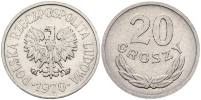 Польша 20 грошей 1970 MW KM А47 алюминий  UNC  4598-142