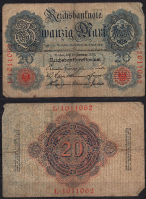 Германия 20 марок 1914 Pick 46b бумага 8592-30-2-2