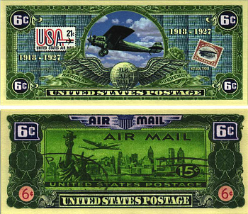 США 6 ПОЧТОВЫХ ЦЕНТОВ ND СУВЕНИРНАЯ БАНКНОТА, АВИАПОЧТА США 1918-1927, ПОЧТОВЫЕ МАРКИ, САМОЛЁТ бумага UNC (ПРЕСС) 7198-38-3-2