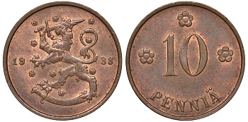 Финляндия 10 пенни 1938 KM 24 медь 51-3022