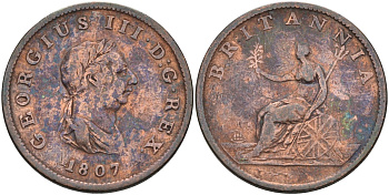 Великобритания 1/2 пенни 1807 Георг III (1760-1820) KM 662, Spink 3781 медь 81-1114