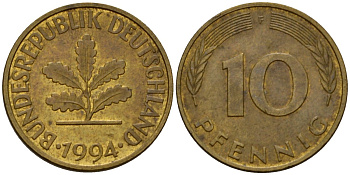ФРГ 10 пфеннигов 1994 F KM 108, J. 383 сталь плакированная латунью 4603-1141