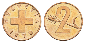 Швейцария 2 раппена 1970 KM 47 бронза UNC 4630-924