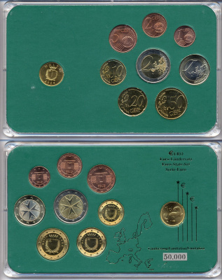 Мальта евронабор от 1 евроцента до 2 евро 2008 включает 1 цент 2004, планшет  биметалл, медно-никель  UNC  00-00