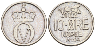 Норвегия 10 эре 1964 пчела, Улаф V (1958-1991) KM 411 медно-никель    4169-323