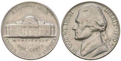 США 5 центов 1970 S (Сан-Франциско), Джефферсон KM A192 медно-никель 4592-346