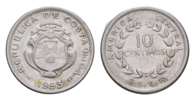 Коста-Рика 10 сентимо 1953 KM 185.1a нержавеющая сталь aUNC 4651-936