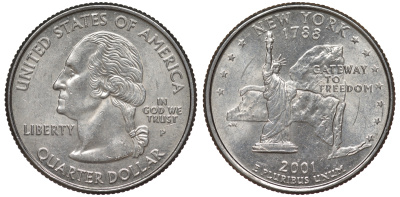 США 25 центов = квотер 2001 Р, серия штаты США, Нью-Йорк KM 318 медь плакированная медно-никелем 4541-432