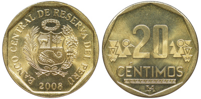 Перу 20 сентимо 2008 KM 306.4 латунь aUNC 4605-534