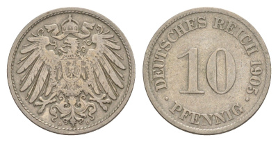 Германия 10 пфеннигов 1905 D, Вильгельм II (1888-1918) KM 12, J. 13 медно-никель 4640-261