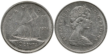 КАНАДА 10 ЦЕНТОВ 1974 ЕЛИЗАВЕТА II (1952-), ПАРУСНИК, ВТОРОЙ ПОРТРЕТ В КОРОНЕ KM 77.1 никель 4532-818