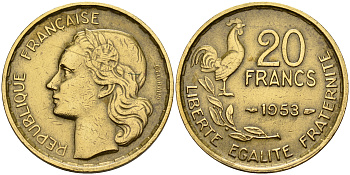 Франция 20 франков 1953  KM 917.1 алюминиевая бронза    4153-513