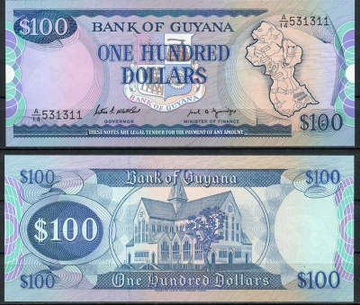 Гайана 100 долларов ND (1989) карта Гайаны, собор Святого Георгия Pick 28 (1) бумага UNC (пресс) 2196-44-1-1