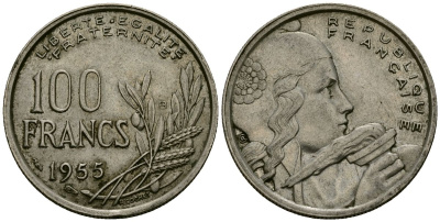 Франция 100 франков 1955 KM 919.2 медно-никель 4571-643