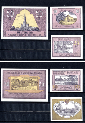 Фюрстенберг (Мекленбург-Стрелиц) полный набор из 6 нотгельдов (10, 25 и 50 пфеннигов) 1922 Mehl Grabowski 402.15 бумага UNC (пресс) 7555-15-2-2