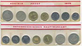 Австрия набор из 7 монет  1979  2, 5, 10, 50 грошей, 1, 5, 10 шиллингов, в целлофане KM PS 39 PROOF 4399-7-1