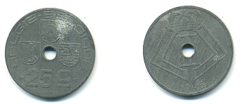 БЕЛЬГИЯ 25 САНТИМОВ 1946 BELGIE-BELGIQUE, ГЕРМАНСКАЯ ОККУПАЦИЯ, ВТОРАЯ МИРОВАЯ ВОЙНА KM 132 цинк 83-342