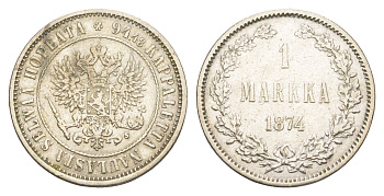 Россия для Финляндии 1 марка 1874 S, Александр II (1855-1881) Биткин 631 серебро 633-841