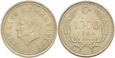 Турция 1000 лир 1994 Мустафа Кемаль Ататюрк KM 997 медь никель цинк 4402-1041