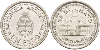 Аргентина 1 песо 1960 150 лет свержения Испанского вице-короля (1810-1960) KM 58 сталь плакированная никелем 4548-346