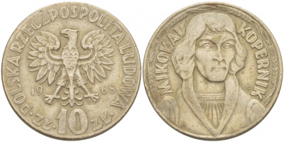 Польша 10 злотых 1968 MW, Николай Коперник KM 51а медно-никель 4403-545