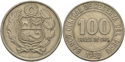 Перу 100 солей 1980 KM 283 медно-никель 4110-346