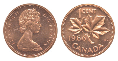 Канада 1 цент 1966 Елизавета II (1952-2022), кленовый лист KM 59 бронза PROOF-LIKE (BU) 4639-329