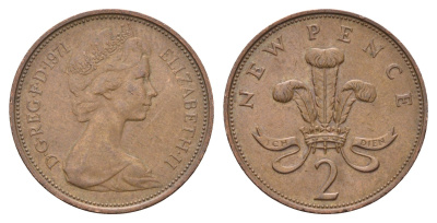 Великобритания 2 пенса 1971 Елизавета II (1952-2022) KM 916, Spink 4235 (C1) бронза 4671-1144