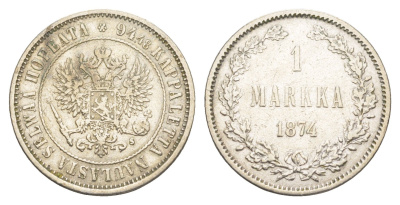 Россия для Финляндии 1 марка 1874 S, Александр II (1855-1881) Биткин 631 серебро 633-841