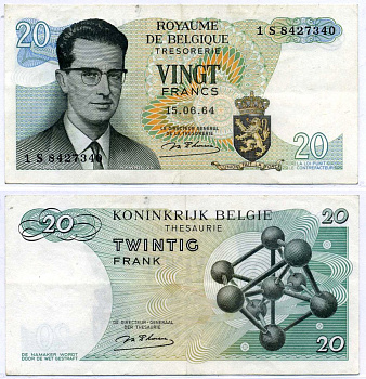 Бельгия 20 франков 1964 Бодуэн I, атомиум, d Haeze Pick 138 (1) бумага 6285-25-3-1